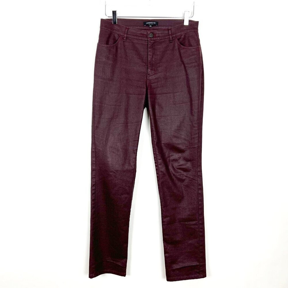 Lafayette 148 Coated Jeans Womens 6 Burgundy Mid Rise Straight Herringbone Print